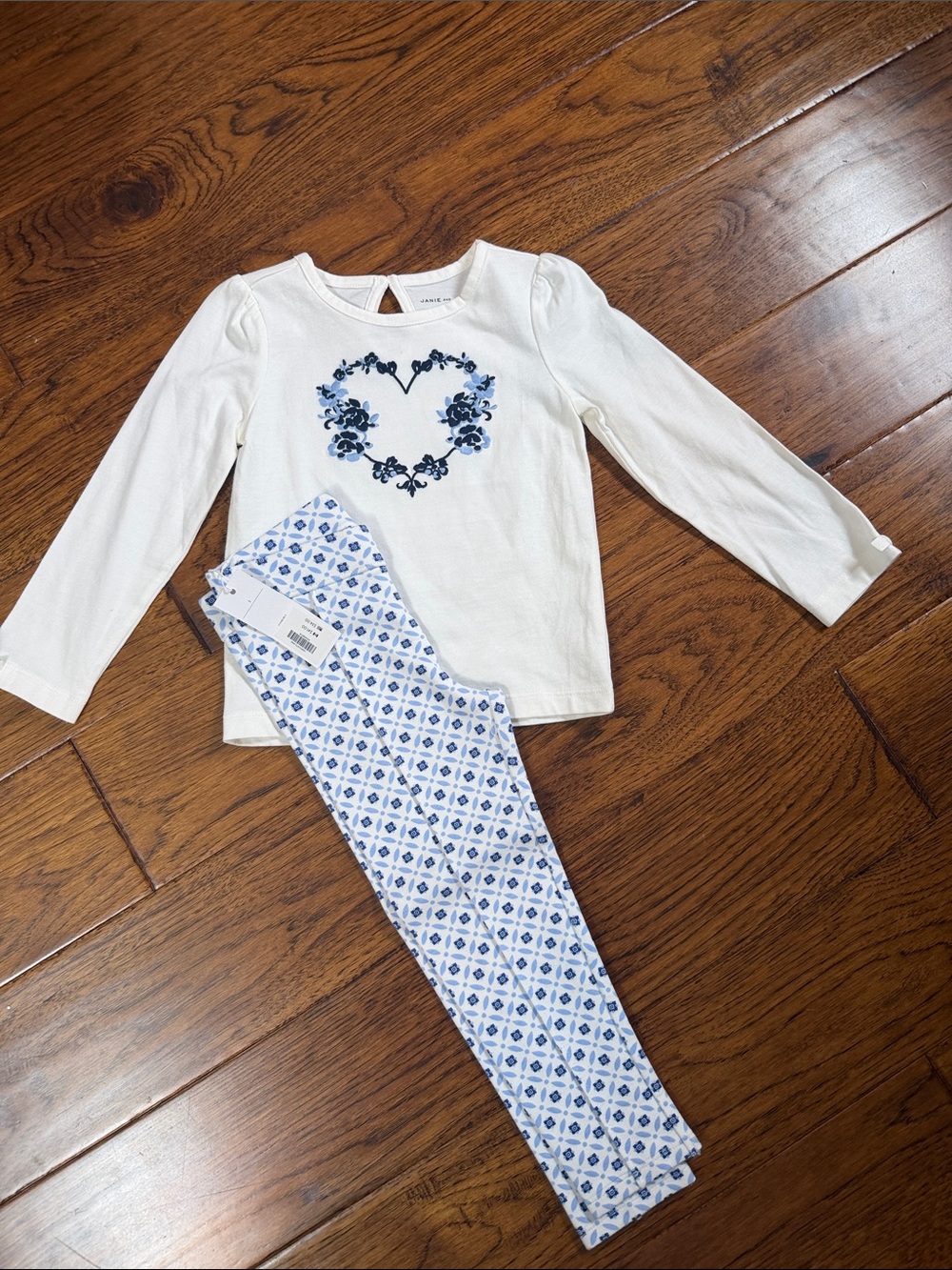 Girls White Long-Sleeve Top & Blue Patterned Pajama Pants Set